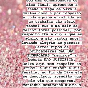 Flavia Viana fez pedido após ser alvo de comentários inapropriados de Bruno, dupla de Marrone em live neste sábado, 4 de julho de 2020