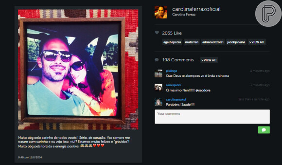 Carolina Ferraz usa sua conta do Instagram para agradecer o carinho do público com a notícia da gravidez