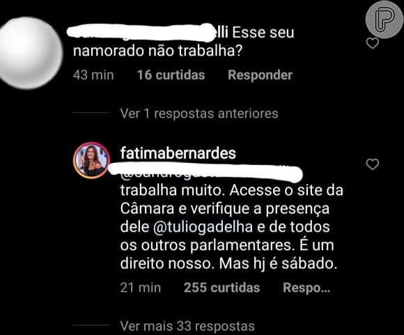 Fátima Bernardes respondeu internauta sobre Túlio Gadêlha