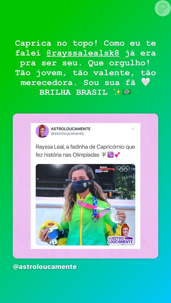 Rayssa Leal, a Fadinha do skate, de 13 anos recebeu parabéns de Larissa Manoela por vitória nas Olimpíadas: 'Sou sua fã'