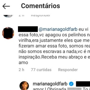 Seguidora questiona Mariana Goldfarb a respeito de pelos na virilha e apresentadora responde