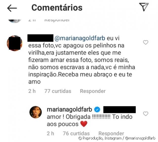 Seguidora questiona Mariana Goldfarb a respeito de pelos na virilha e apresentadora responde