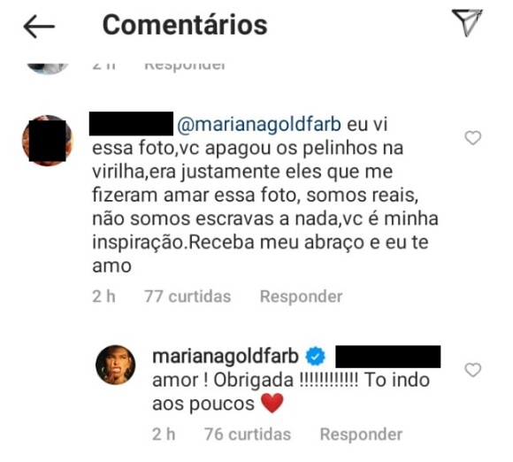 Mariana Goldfarb respondeu sobre pelos na virilha ao postar foto de estrias no quadril