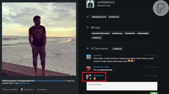 Isis Valverde comenta foto de Uriel del Toro no Instagram após modelo desembarcar no Rio. Atriz postou emoticon de carinha apaixonada na rede social