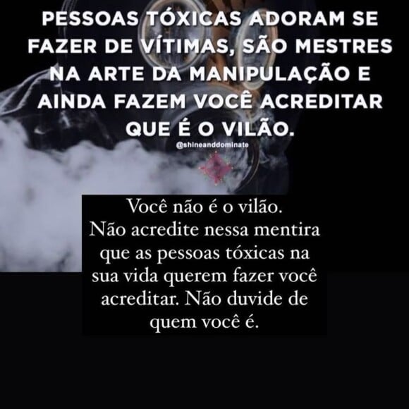 'Pessoas tóxicas adoram se fazer de vítima', dizia a mensagem de Yasmin Brunet