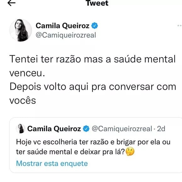 Camila Queiroz usou as redes sociais para se pronunciar sobre a saída da Globo