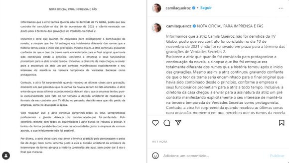 Camila Queiroz citou 'punição' ao falar de saída da Globo