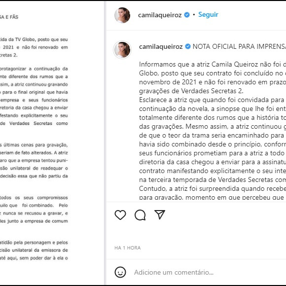 Camila Queiroz citou 'punição' ao falar de saída da Globo