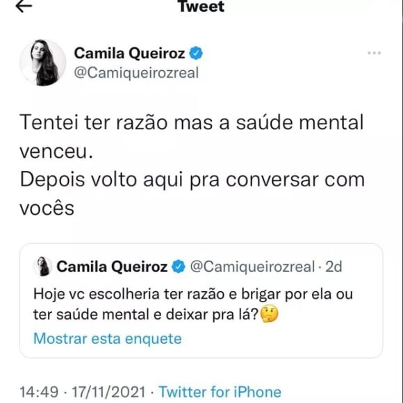 Antes da nota oficial, Camila Queiroz havia feito post enigmático nas redes sociais
