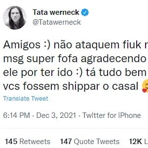 Tatá Werneck pede fim de ataques a Fiuk nas redes sociais