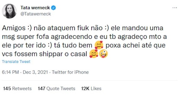 Tatá Werneck pede fim de ataques a Fiuk nas redes sociais