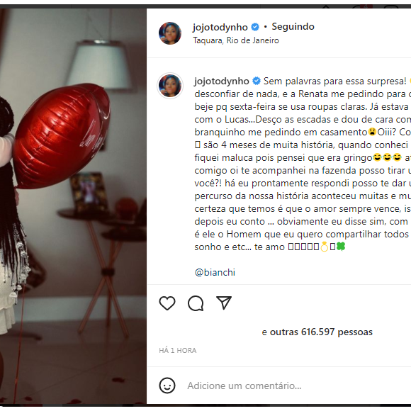 Jojo Todynho se mostrou surpreendida com o pedido de casamento: 'Sem palavras para essa surpresa!'