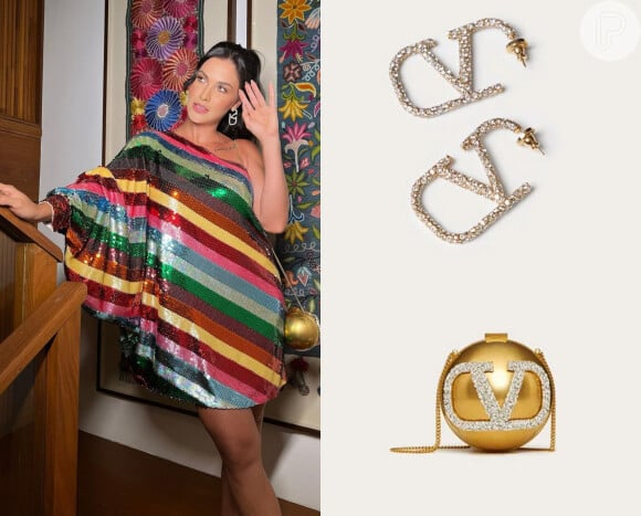 Acessórios de Andressa Suita também eram da marca Valentino: bolsa e brincos tinham a logo da grife