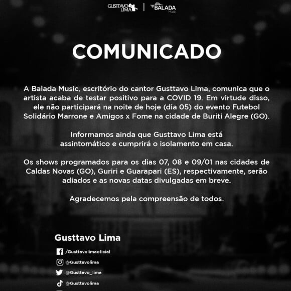 Gusttavo Lima teve que cancelar compromissos após testar positivo para Covid-19