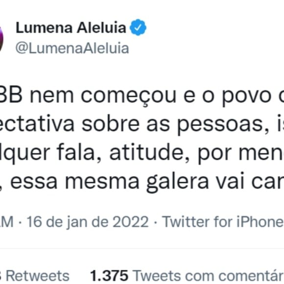 Lumena, ex-BBB 21, comentou sobre as comparações dos ex-participantes com os atuais do 'BBB 22'