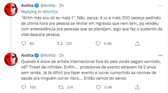 Anitta explicou que situação acontece em todos os seus shows