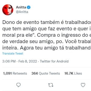 Anitta pediu para quem queira apoiar o amigo artista, comprar o ingresso