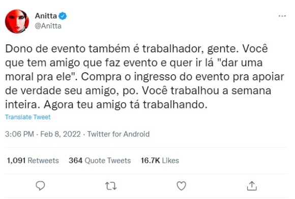 Anitta pediu para quem queira apoiar o amigo artista, comprar o ingresso