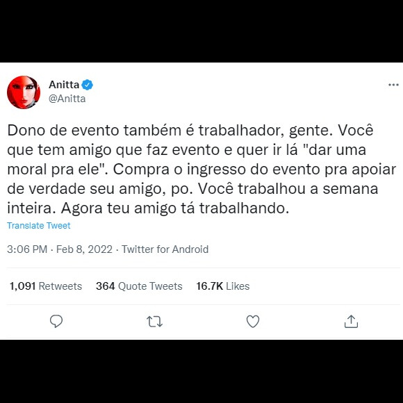 Anitta pediu para quem queira apoiar o amigo artista, comprar o ingresso
