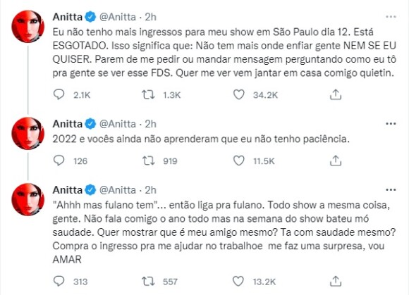 Anitta explica situação que passa quando vem fazer shows no Brasil