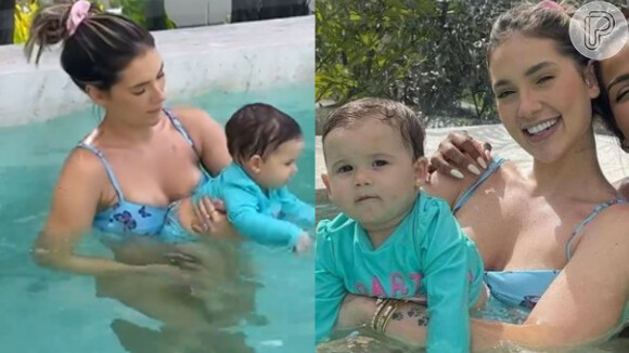 Virgínia combina biquíni com a filha, Maria Alice, em passeio na piscina da casa de Camila Loures