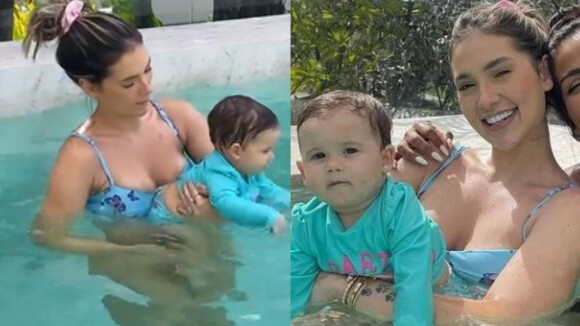 Virgínia Fonseca combina biquíni azul estampado com a filha, Maria Alice, em dia de piscina. Veja!