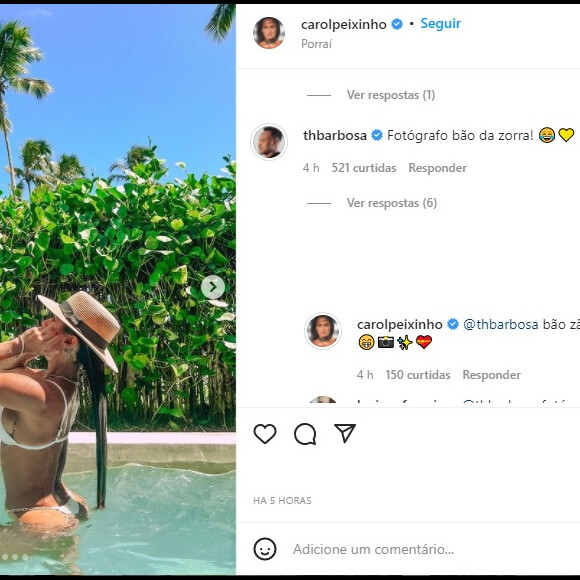 Fotos de Carol Peixinho ganharam o comentário de Thiaguinho e a resposta derretida da baiana