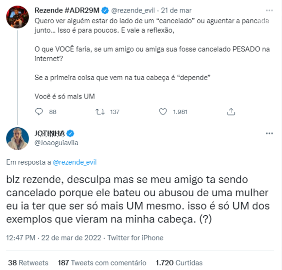 João Guilherme rebate Rezende, ex de Virgínia, após fala do youtuber sobre cancelamento de amigos