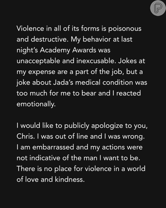 No texto, Will Smith faz discurso contra violência
