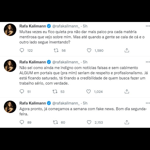 Rafa Kalimann se mostrou chateada com os boatos
