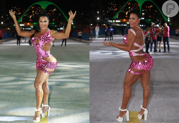 Gracyanne Barbosa aposta em vestido justo também na tendência cut out na Sapucaí, sem dispensar o brilho