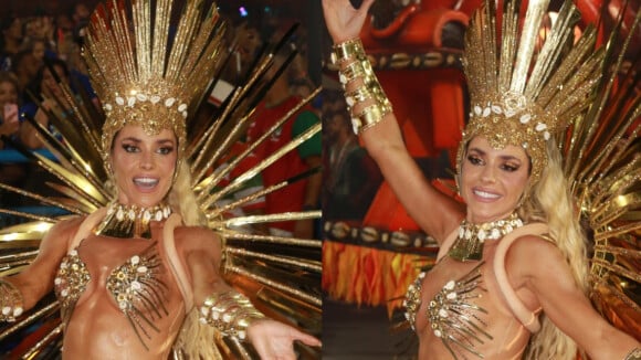 Musa da Grande Rio, Monique Alfradique usa maquiagem com folhas de ouro e evita penas em fantasia