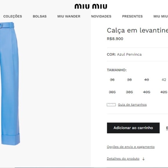 Andressa Suita também usou uma calça na mesma cor de alfaiataria azul, de cintura alta e com a barra dobrada de R$ 8.900 