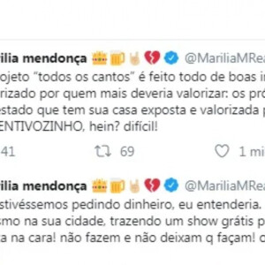 Marília Mendonça: ''Ei, quero valorizar o turismo na sua cidade, trazendo um show grátis pra sua população, posso?' Porta na cara! Não fazem e não deixam que façam!'