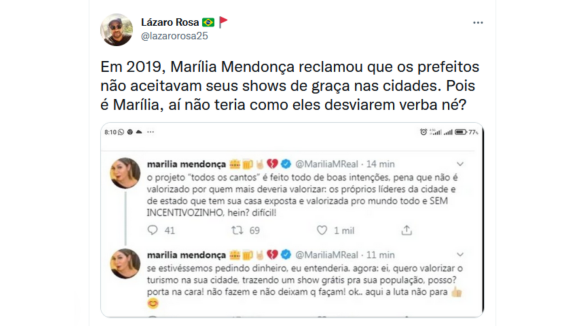 Publicação de Marília Mendonça foi resgatada com acusações a governantes: 'Aí não teria como eles desviarem verba, né?'
