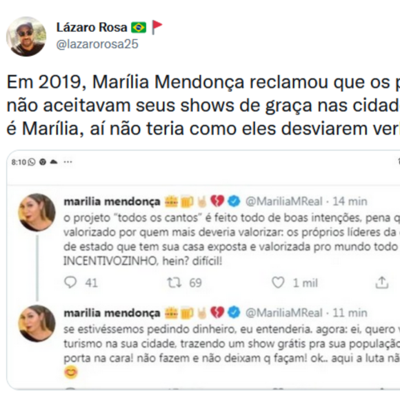 Publicação de Marília Mendonça foi resgatada com acusações a governantes: 'Aí não teria como eles desviarem verba, né?'