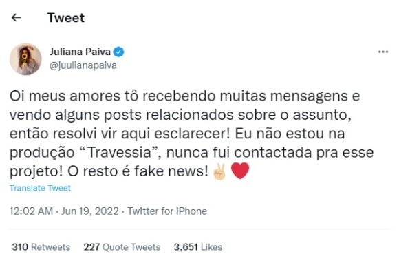 Juliana Paiva desmentiu a notícia