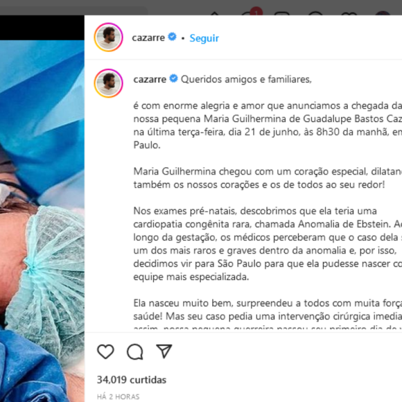 5ª filha de Juliano Cazarré: veja a primeira foto de Maria Guilhermina