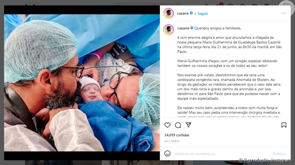 5ª filha de Juliano Cazarré: veja a primeira foto de Maria Guilhermina