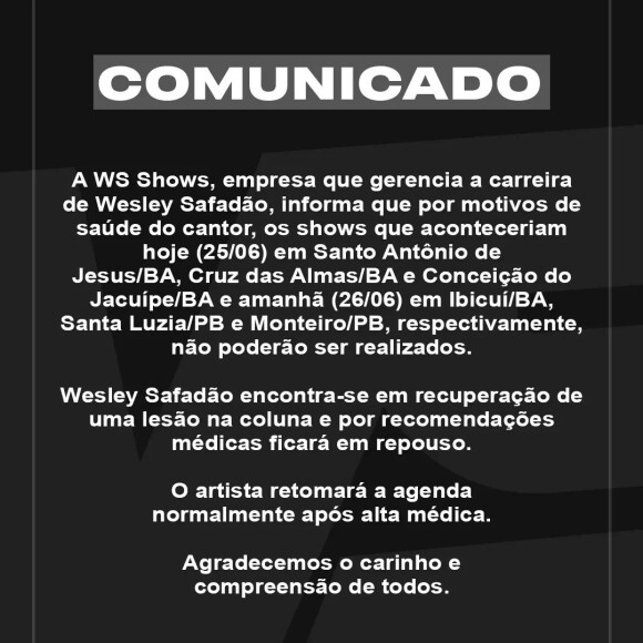 6 shows de Wesley Safadão foram cancelados; apresentações seriam em 25 e 26 de julho de 2022