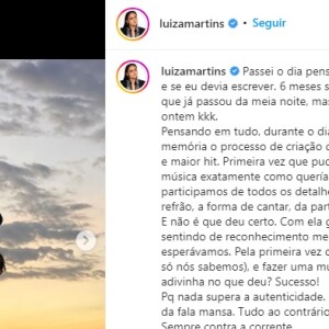 No texto, Luiza também celebrou o sucesso de 'S de Saudade'