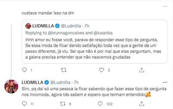 Ludmilla ainda rebateu outra fã que criticou sua resposta