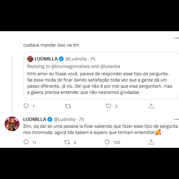 Ludmilla ainda rebateu outra fã que criticou sua resposta