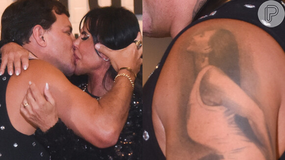 Esdras de Souza mostrou tatuagem com imagem da mulher, Gretchen, com quem trocou beijos em lançamento da nova música da cantora