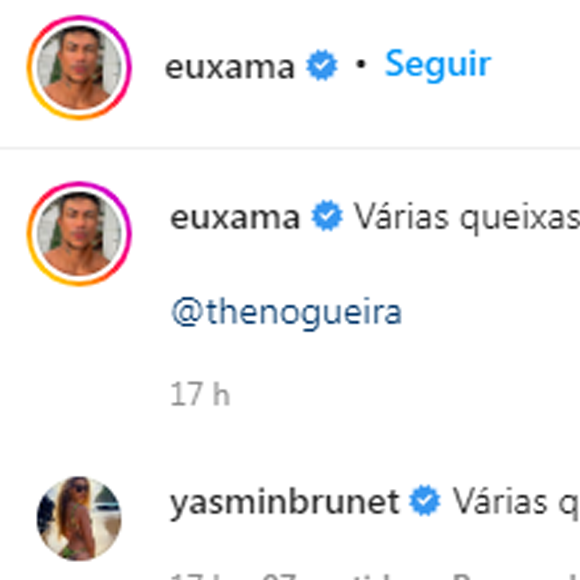 Yasmin Brunet completou a letra da música nos comentários da foto de Xamã: 'Várias queixas'