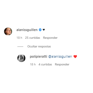 Alanis e Poli costumam trocar comentários carinhosos nas redes sociais