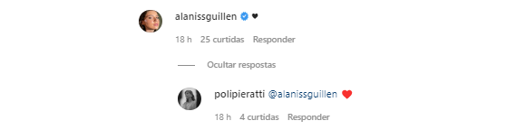 Alanis e Poli costumam trocar comentários carinhosos nas redes sociais