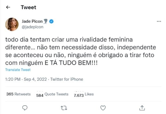 Jade Picon pediu para as pessoas pararem de fazer rivalidade feminina