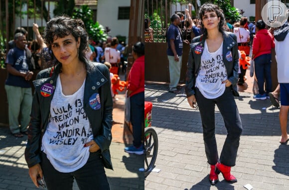 Maria Ribeiro: look rocker com camiseta, jaqueta de couro e jeans com botas de salto