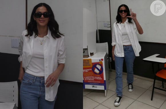 Bruna Marquezine: calça jeans e camiseta branca com uma camisa de botão da mesma cor como terceira peça